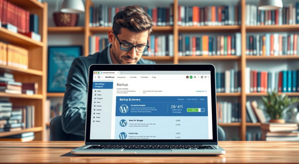 A detailed and professional digital illustration showcasing the concept of "WordPress Plugin Support" focused on backups and recovery. In the foreground, a laptop displays a vibrant WordPress dashboard with visible backup options, surrounded by cloud storage icons and a progress bar. The middle ground features a tech-savvy individual in smart casual attire, intently working on the laptop, highlighting collaboration and expertise. In the background, a soft-focus office environment with shelves filled with books on web development and technology tools creates a scholarly atmosphere. Bright, natural lighting enhances the scene, with a slight depth of field effect to emphasize the main subjects. The mood is one of professionalism and innovation, showcasing the importance of data security in digital projects.