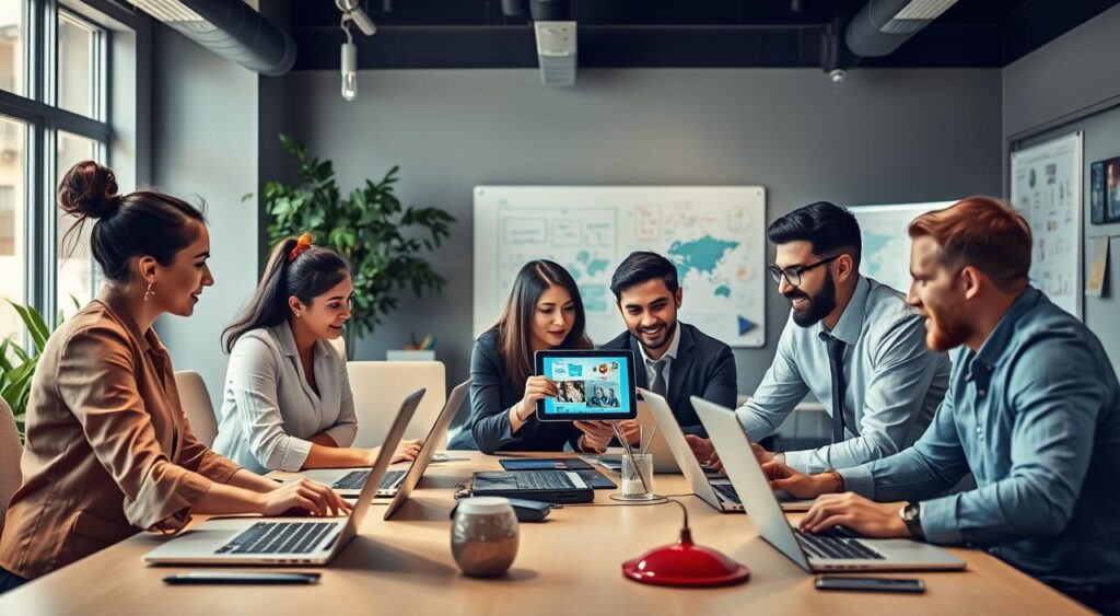 A dynamic office environment showcasing a diverse team collaborating around a large table filled with laptops and digital screens. In the foreground, a group of four professionals—two women and two men—wearing professional business attire, are deep in discussion, pointing at a tablet displaying a project. In the middle, a large window lets in soft, natural light, illuminating the modern workspace with greenery and creative decor. In the background, a whiteboard is filled with colorful notes and diagrams, hinting at brainstorming sessions. The atmosphere is energetic yet focused, emphasizing teamwork and innovation, captured from a slightly angled perspective for depth. The lighting highlights the collaborative spirit, reflecting a vibrant yet professional mood without any text or logos.