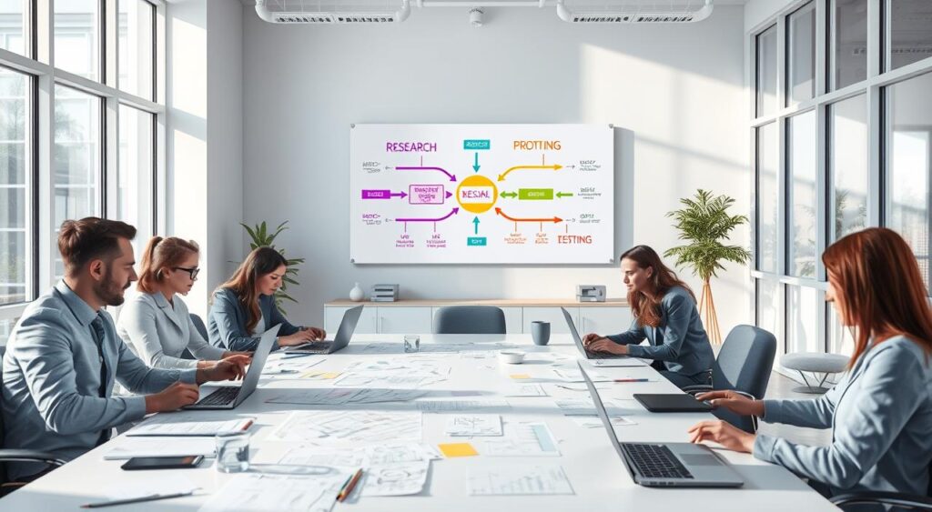A modern and dynamic web design process is depicted in a bright, well-lit office environment. In the foreground, a diverse group of professionals in business attire collaborates around a large table covered with laptops, sketches, and colorful wireframes, illustrating brainstorming and planning. In the middle, a large whiteboard showcases a flowchart with arrows connecting various stages of the web design process, such as research, prototyping, and testing, filled with vibrant colors that indicate progress. The background features large windows that allow natural light to stream in, giving an open and inviting atmosphere. Soft shadows are cast by the furniture, and the overall mood is one of creativity and productivity. The image should capture the essence of teamwork and innovation in web design, without any text or logos.