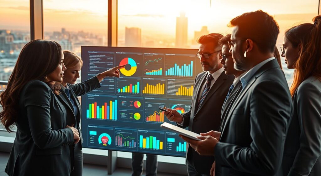 A modern office environment featuring a diverse group of professionals gathered around a large digital screen displaying colorful data visualizations and analytics graphs. In the foreground, a businesswoman in a smart blazer points at the screen, while a businessman in a suit takes notes on a tablet. In the middle, the screen features pie charts, bar graphs, and real-time data metrics, glowing with vibrant colors against a sleek glass backdrop. In the background, an expansive window shows a city skyline, bathed in warm natural light, enhancing a feeling of productivity and insight. The atmosphere is dynamic and collaborative, promoting innovation and intelligence in data-driven decision-making. The composition should be well-lit, evoking a sense of professionalism and forward-thinking.