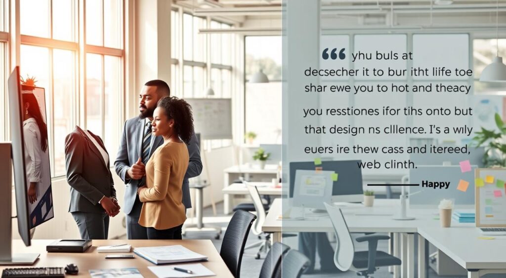 A modern web design agency office space featuring a collaborative team environment. In the foreground, a diverse group of three professionals in business attire, including a Black woman in a smart blazer, a Hispanic man in a tailored shirt, and a Caucasian woman in a stylish blouse, are engrossed in discussing designs on a large-screen monitor. The middle section showcases bright, well-organized workstations with creative web design sketches and colorful post-it notes scattered around. In the background, large windows let in natural sunlight, creating a warm and inviting atmosphere. The lighting is bright and crisp, emphasizing a fresh and innovative workspace. The overall mood conveys professionalism, creativity, and satisfaction—reflecting the positive testimonials of happy clients.