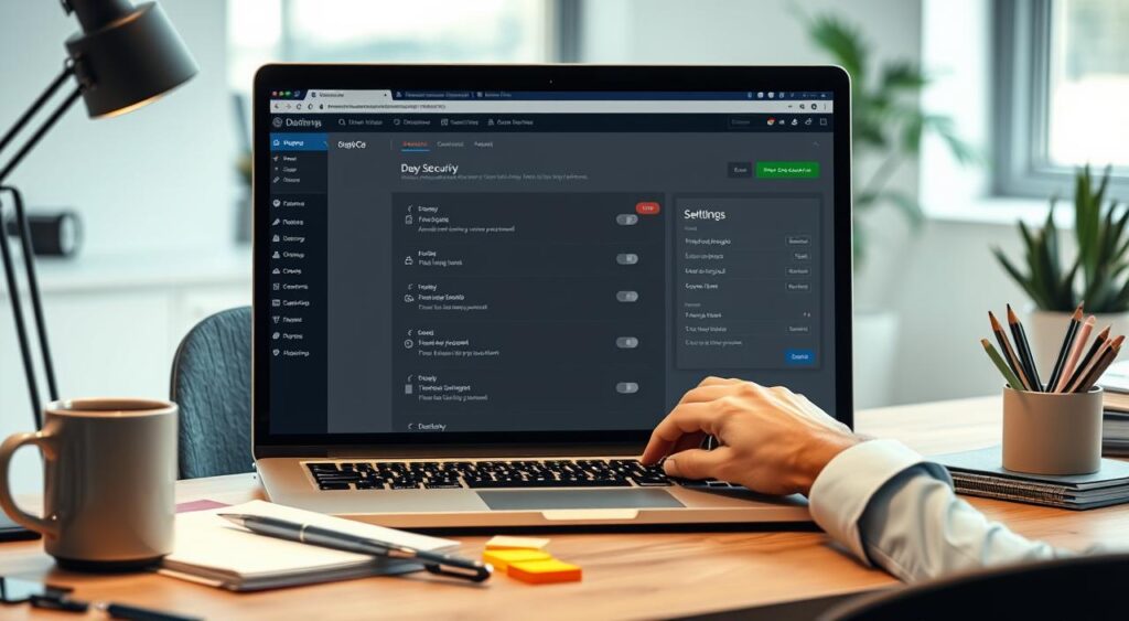 A professional workspace featuring a modern desk with a laptop open to a WordPress dashboard, displaying security plugin settings. In the foreground, a knowledgeable web developer, dressed in business casual attire, is focused on the screen while interacting with the interface. On the middle ground, an organized workspace with a notepad, a coffee mug, and colorful sticky notes provides a touch of creativity. The background showcases a bright office with soft natural lighting coming through a window, enhancing the atmosphere of productivity and innovation. The overall mood conveys confidence and diligence, emphasizing the importance of website security through effective plugin customization.