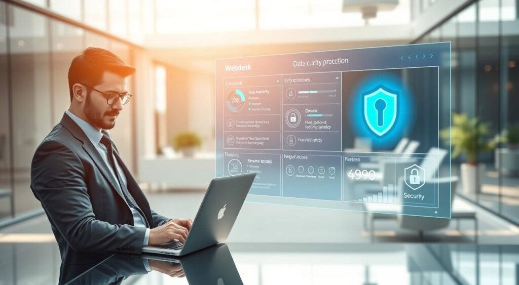 A sleek and modern office environment showcasing a digital dashboard representing "Webdesk data protection". In the foreground, a confident business professional wearing smart attire works on a laptop, analyzing security metrics on the screen. The middle ground features a large, interactive holographic display illustrating data security features, such as encryption and secure access, glowing softly in a cool blue hue. The background displays a contemporary office setting with minimalistic design, glass walls, and modern furniture, bathed in natural sunlight filtering through. The atmosphere conveys a sense of trust, innovation, and cutting-edge technology, with sharp focus on the dashboard and soft bokeh for the background elements, captured with a slight tilt-angle lens to create depth.