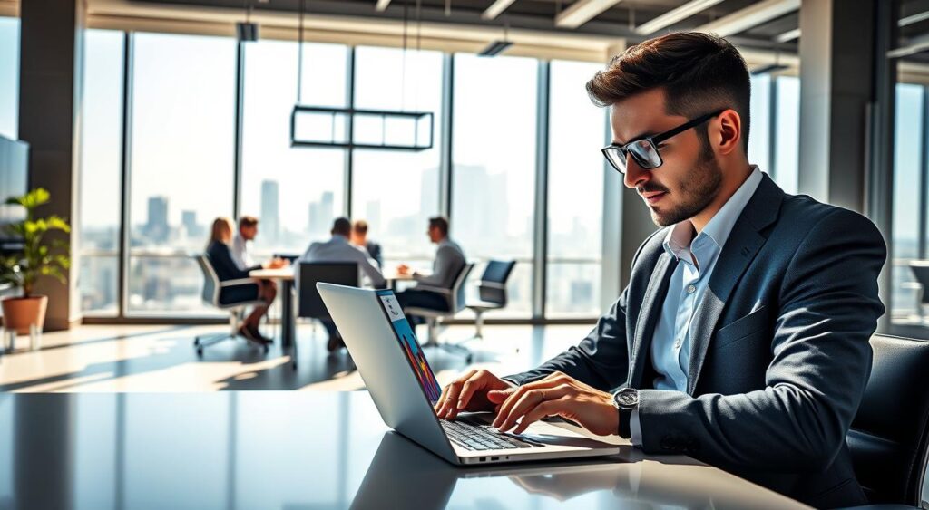 A sleek, modern office setting illustrating "Webdesk Solutions e-commerce expertise." In the foreground, a confident business professional in smart casual attire is working on a laptop, analyzing vibrant graphs and charts on the screen, symbolizing e-commerce growth. The middle ground showcases a stylish conference table surrounded by team members engaged in a brainstorming session, highlighting collaboration and innovation. The background features large windows with a city skyline, emphasizing a contemporary urban workspace. Natural light pours in, creating a bright and motivating atmosphere, while soft shadows add depth to the scene. The overall mood is one of professionalism, creativity, and tech-savvy expertise, encapsulating the essence of a forward-thinking web design and development company.