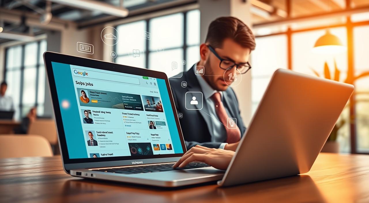 A vibrant, modern job search platform interface displayed on a sleek laptop computer in the foreground, with a focused professional dressed in smart business attire, intently reviewing job listings. In the middle ground, visual elements like graphs, charts, and glowing notifications radiate towards the viewer, symbolizing increased visibility and engagement in the job market. The background features a contemporary office setting, warmly lit with soft natural light filtering through large windows, creating an inviting atmosphere. Warm tones and a slightly blurred depth of field enhance the sense of clarity and focus, while a motivational, aspirational mood permeates the entire scene, encouraging viewers to take charge of their career journey. No words or text overlays are included.