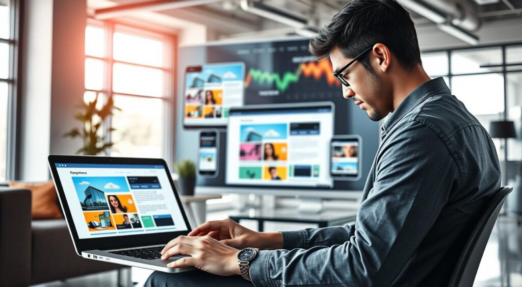 A visually engaging representation of responsive web development in action. In the foreground, a professional web developer wearing smart casual attire is focused on coding on a sleek laptop, displaying colorful front-end designs on the screen. In the middle ground, a large, interactive display showcases various screen sizes: a smartphone, tablet, and desktop monitor, illustrating the adaptability of designs. The background features a modern office environment with stylish furniture, soft natural light pouring through large windows, creating a productive atmosphere. The mood is innovative and dynamic, emphasizing collaboration and creativity in web design. The composition should be balanced and harmonious, with a slightly tilted angle to add depth to the scene.